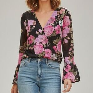 𝅺FLORAL wrapped Bell Sleeves Blouse Top SMALL long Black Pink Purple NWT